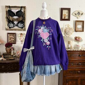 vintage 90's quirky whimsical cozy purple mock neck sweater w gingham heart